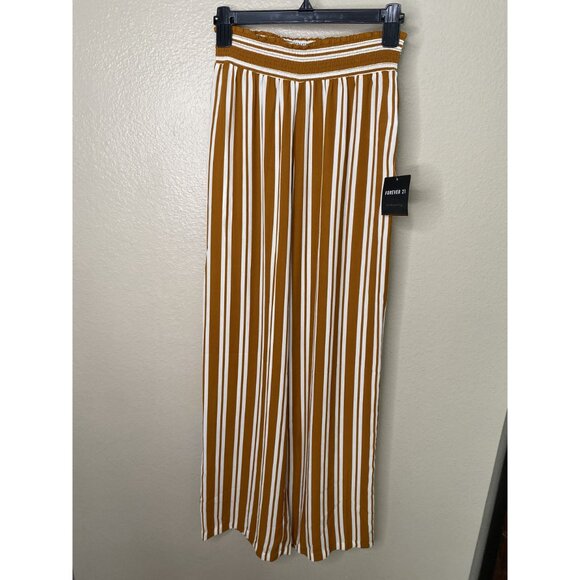NWT Forever 21 Brown Pants small striped‎ wide leg pull on elastic polyester - Picture 2 of 7